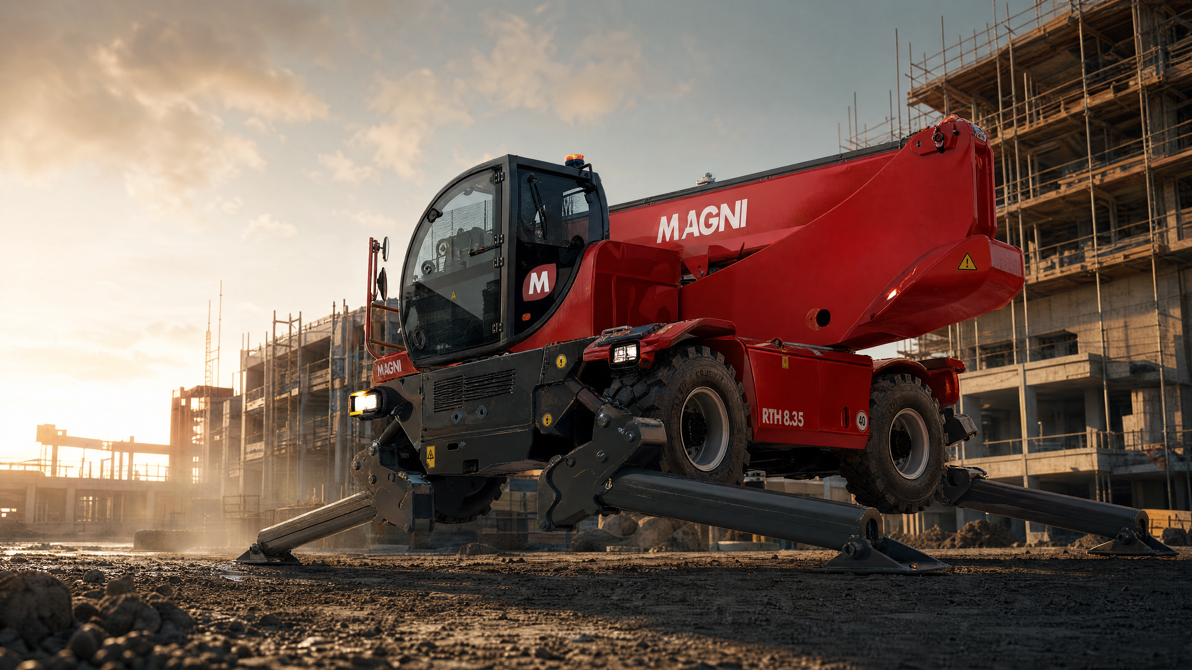 Magni RTH-teleskoplastare med roterande torn, fullt utskjuten bom mot himlen.